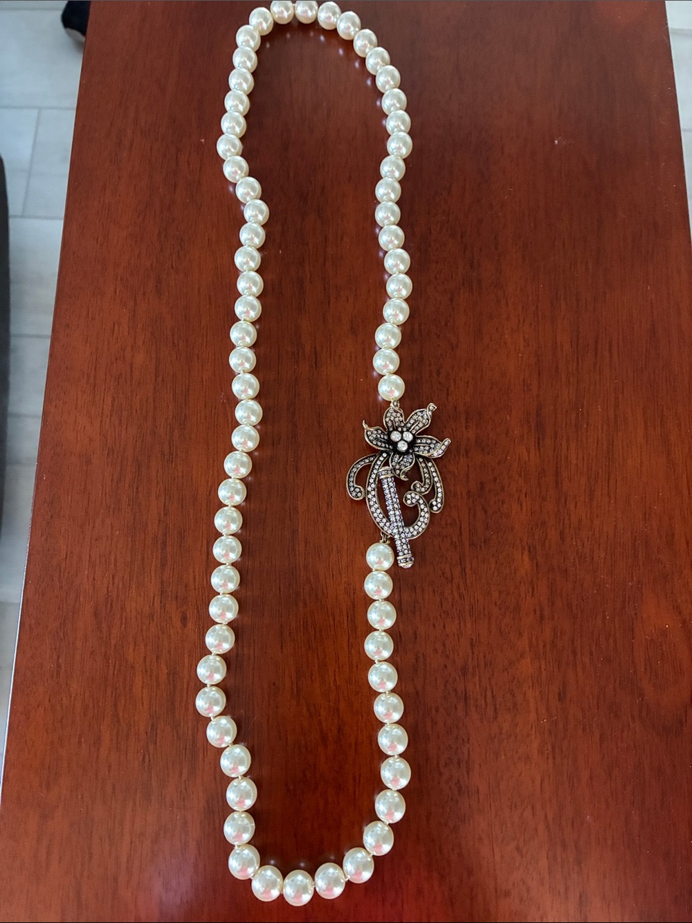 Heidi Daus Cream Pearl Necklace with Crystal Floral Clasp